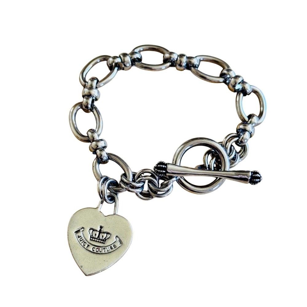 Juicy Couture Heart Starter Charm Bracelet Chain Royal Silver Chunky Y2K 7"
